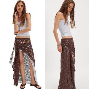 NWT New $148 Free People Lace Iced Chocolate Combo Solene Skirt Size L